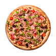 A delicious Italian tuna pizza photographed from above, fast food, white background, isolated, generative ai