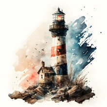 Full Image Watercolor Art Of Lighthouse Realistic Vintage Watercolor Logo Blue White Light Brown Little Red Details 