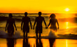 © Maxim Chuev - 4 four person - 2 two Romantic Couples Enjoying Sunset on Beautiful Tropical Beach. back, rear view of young slim latino hispanic team, group of people. warm evening. yellow sea, sky. Generative ai.