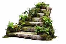 Cut Out Stairs Made Of Large Stone Steps. Staircase Lined With Green Plants For Landscaping Or Garden Design. Rock Steps Isolated On White Background. Generative AI
