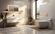 Contemporary upscale wall-mounted toilet with a closed seat, dual flush, ribbed glass partition, bidet, tissue paper holder, and a white bathtub on a granite tile floor, all illuminated by sunlight