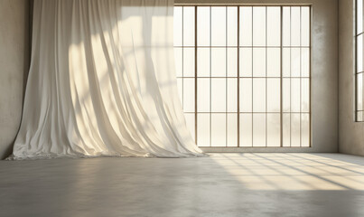 Beautiful sunshine, blowing white sheer fabric, opaque curtain from an open window on a wall of blank, polished white concrete, air flow ventilation, and product background in 3D 