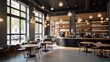 © Georgii - Interior of a modern loft style coffee shop. Concrete walls with open shelves, wooden bar counter and tables, pendant lamps, green plants, large panoramic windows. Modern hipster lifestyle concept.