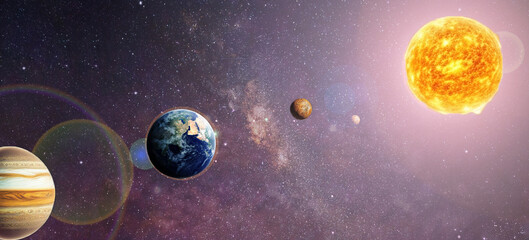 Canvas Print - solar system with views of the sun and the planet earth and mars and jupiter