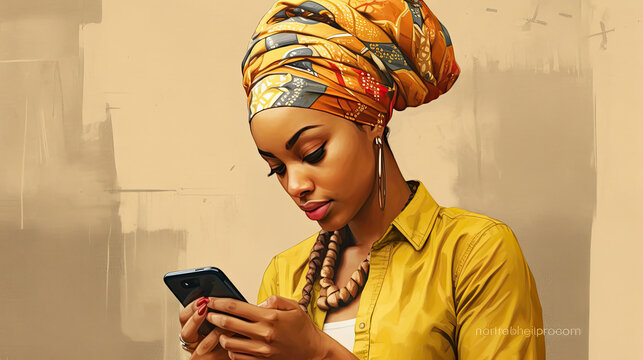 Happy young black woman in stylish clothes hold smartphone against urban background. Online shopping, web surfing, browsing internet