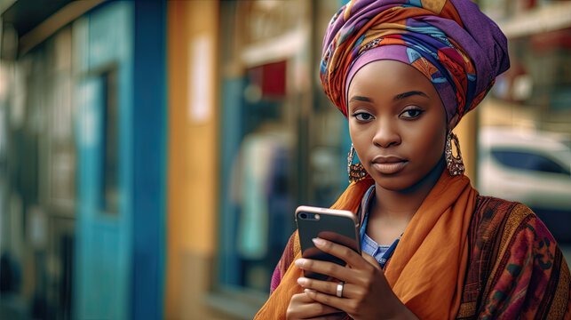 Happy young black woman in stylish clothes hold smartphone against urban background. Online shopping, web surfing, browsing internet