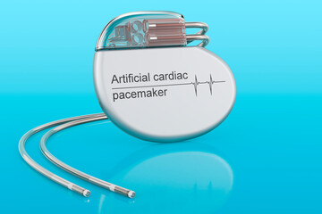 Poster - Artificial cardiac pacemaker  on blue background, 3D rendering