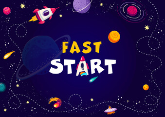 Poster - Kids space background, fast start. Cartoon galaxy planets and rocket with trace. Vector banner for business startup project boost, astronomy education, interstellar travel with spaceship takeoff