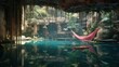 pink hammock in a cenote in mexico, in a kind of cave with crystal clear water and vegetation around, latin america