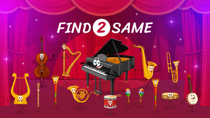 Aufkleber - Find two same cartoon musical instrument characters on the stage. Objects compare kids puzzle, difference spotting game vector worksheet with lyre, flute, bass, horn and harp, piano comical personages