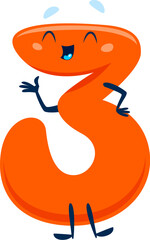 Poster - Cartoon cute funny number three character with expressive eyes and charming smile. Isolated vector orange colored digit 3 personage perfect for children books and mathematics educational materials