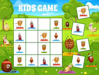 Poster - Sudoku kids game, cartoon nut characters on yoga fitness sport, vector quiz puzzle. Sudoku riddle worksheet grid to find and match coconut, peanut and almond on fitness, cashew and hazelnut on yoga