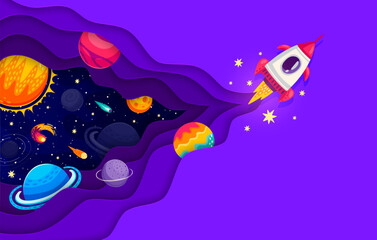 Poster - Space paper cut poster with flying rocket spaceship and galaxy planets. Mesmerizing 3d vector scene of intergalactic travel, exploration and wonder. Shuttle soaring amidst of dazzling cosmic stars