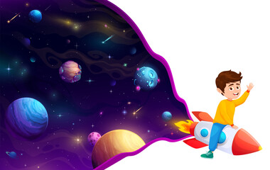 Wall Mural - cartoon kid boy on space rocket, happy child astronaut on galaxy landscape. adventurous vector infan