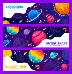 Poster - Space travel and explore banners. Starry galaxy, planets and stars. Vector horizontal cards for Universe exploration, featuring celestial wonders. Embark on a cosmic journey of interstellar discovery