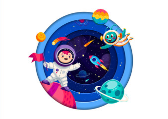 Poster - Space paper cut banner with cartoon kid astronaut, alien, rocket and starry galaxy. 3d vector round papercut layered frame with funny cosmonaut explore Universe during adventurous interstellar travel