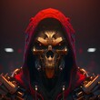 front facing portrait style red hooded robotic skull gold skull gold face detailed gold metal neon red eyes cyberpunk city background futuristic neon red extremely detailed well designed realism 