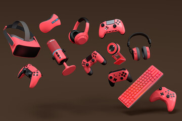 Poster - top view gamer gears like joystick, keyboard, headphones and microphone