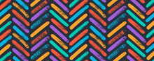 Multi Colored Chevron Seamless Banner. Brush Drawn Colorful Bold Diagonal And Zigzag Strokes. Hand Drawn Vector Futuristic Background. Geometric Abstract Ethnic Texture. Tribal Seamless Pattern.