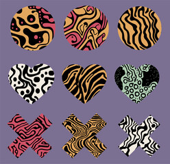Poster - Set of abstract geometric elements for design with psychedelic pattern in different colors.