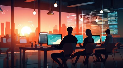A scene showcasing a team of software developers coding, collaborating, and testing applications in a modern development environment