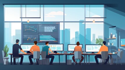 A scene showcasing a team of software developers coding, collaborating, and testing applications in a modern development environment