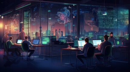 A scene showcasing a team of software developers coding, collaborating, and testing applications in a modern development environment