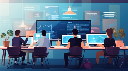 A scene showcasing a team of software developers coding, collaborating, and testing applications in a modern development environment