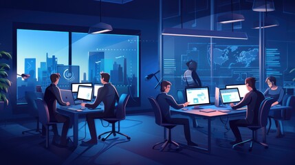 A scene showcasing a team of software developers coding, collaborating, and testing applications in a modern development environment
