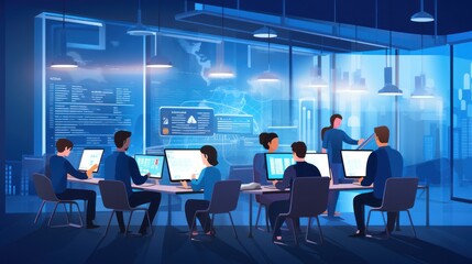 A scene showcasing a team of software developers coding, collaborating, and testing applications in a modern development environment