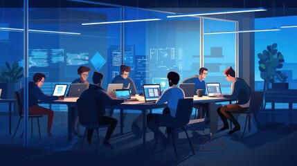 A scene showcasing a team of software developers coding, collaborating, and testing applications in a modern development environment