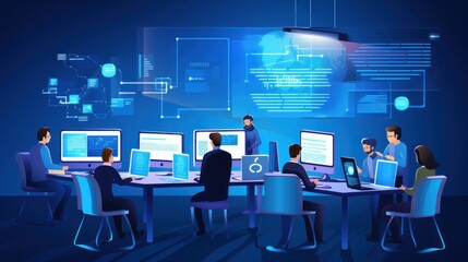 A scene showcasing a team of software developers coding, collaborating, and testing applications in a modern development environment