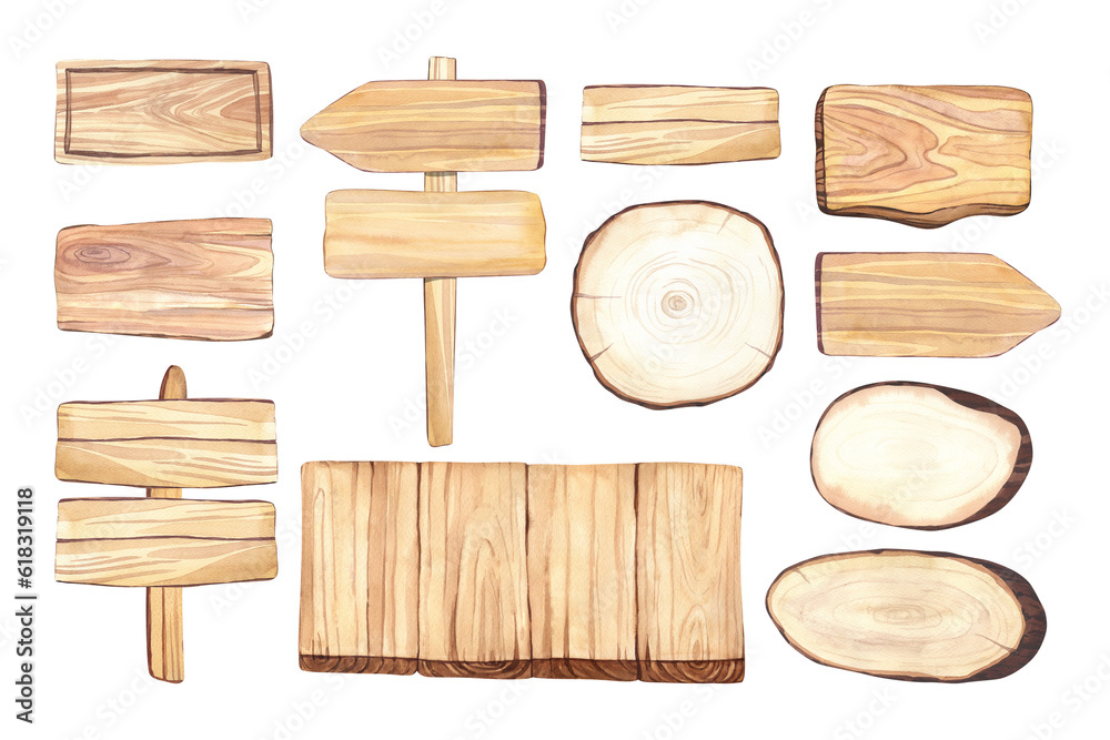Watercolor set the wooden pointer street signs guidepost. Textured wood ...
