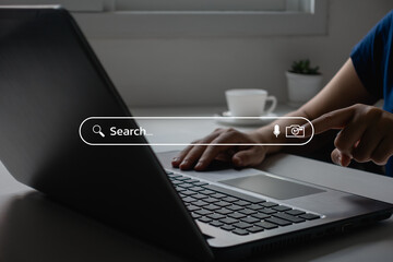 Data Search Technology Search Engine Optimization. Women's using laptop computer and press screen to search for browsing on the Internet online. searching the information, Web page banner.