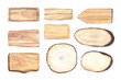 © Arsenova - Watercolor set the wooden pointer street signs guidepost. Textured wood hand-drawn illustration isolated on white background.Rustic board perfect for card, design, hike and walks, eco style.