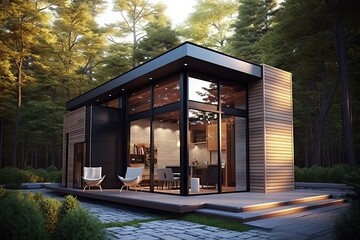 Poster - Small modern house model in a natural background, generative AI