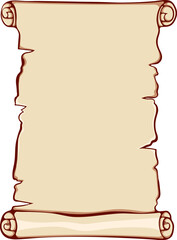 Aufkleber - Vertical scroll unrolled papyrus paper. Ancient scroll with copyspace. Vector illustrations in color cartoon style isolated on white. Simple graphic for print. Banner parchment with place for text