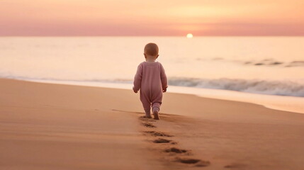 Wall Mural - small baby walk on sunset at beach sand ,sunbeam flares and reflection on sea water ,generated ai