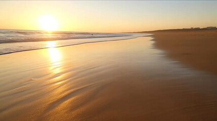 Wall Mural -  sunset on sea  at beach sand ,sunbeam flares and reflection on sea water ,generated ai