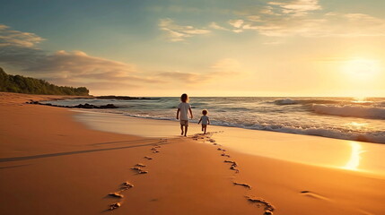 Wall Mural - small baby walk on sunset at beach sand ,sunbeam flares and reflection on sea water ,generated ai