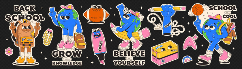 Sticker set on themed back to school. Funky retro groovy characters. Earth Planet, backpack, marker, lunch box, ball. Motivation phrases and slogan. Contemporary vector illustration.