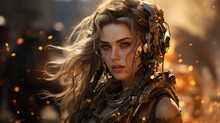 Charming Futuristic Soldier Woman With Long Hair.
