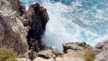 Cephalonia Greek Island Rocky Shore Slow Motion Ionic Sea Waves Landscape 4K Footage. Beauty In Nature And Traveling Concept.