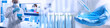 © New Africa - Chemistry and chemical research. Collage of laboratory glassware and scientists working with liquids. Banner design