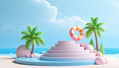 Sticker - 3d summer product display podium, product background, summer background