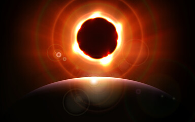 Wall Mural -  A solar eclipse with bright ring light rays flared around, taken with a telescope lens