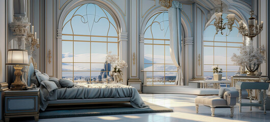 Illustration of a large and luxurious penthouse bedroom with beautiful views of the snowy mountains. The hotel has an elegant interior design and a classy touch.