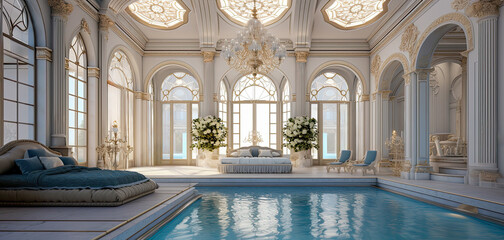 Illustration of a large and luxurious penthouse hotel bedroom with a beautiful private pool and elegant interior design.