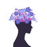 Fototapeta  - Otwarta głowa z bukietem kwitnących kwiatów. Wzrost emocjonalny, psychoterapia, optymizm, zdrowa głowa i zdrowie psychiczne. Wektorowa ilustracja psychologiczna.