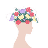 Fototapeta  - Otwarta głowa z bukietem kwitnących kwiatów. Wzrost emocjonalny, psychoterapia, optymizm, zdrowa głowa i zdrowie psychiczne. Wektorowa ilustracja psychologiczna.